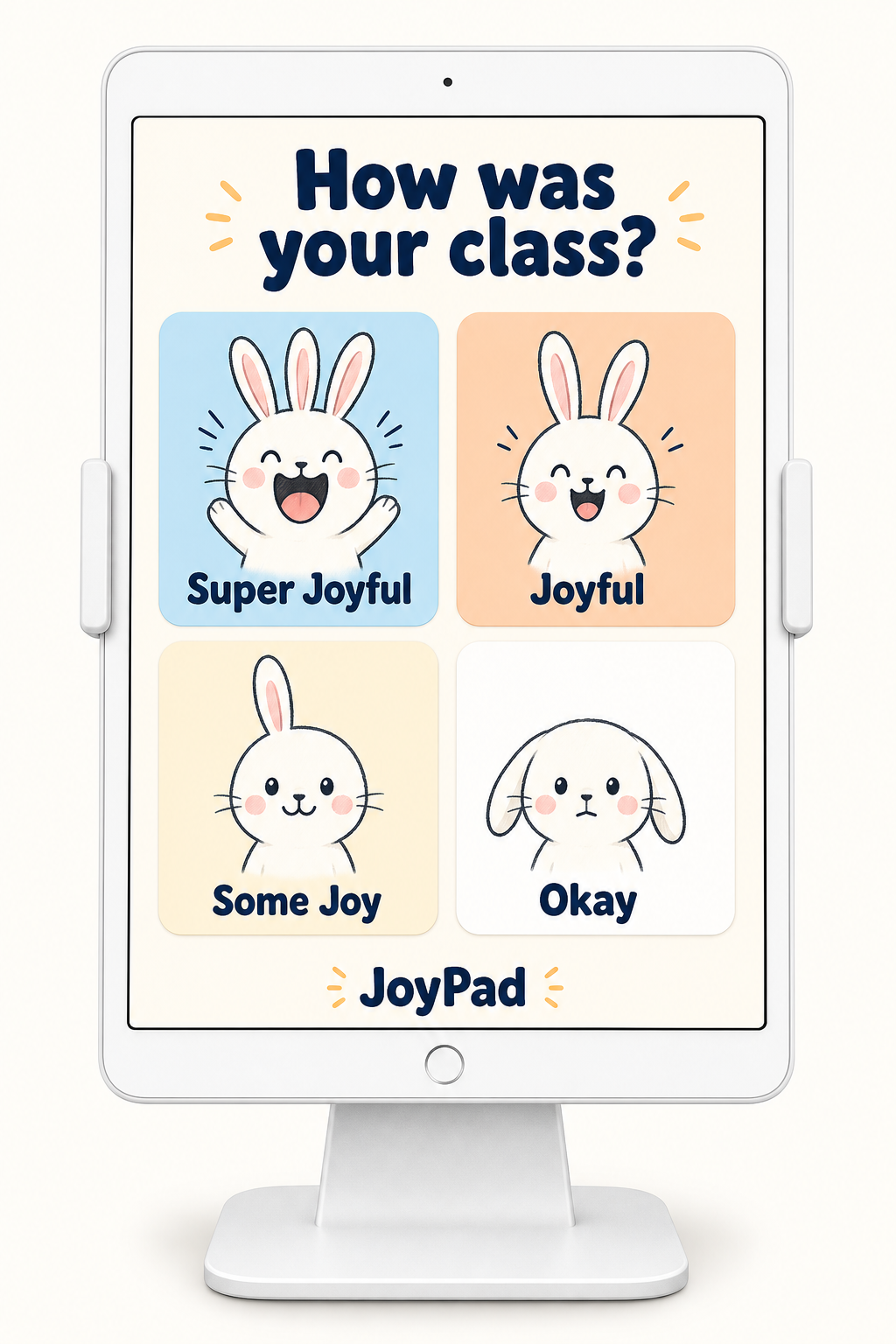 JoyPad iPad kiosk showing four bunny rating options: Super Joyful, Joyful, Some Joy, and Okay